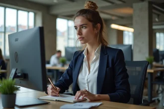 Étudiante en alternance marketing digital analysant des données sur un écran dans un bureau parisien moderne