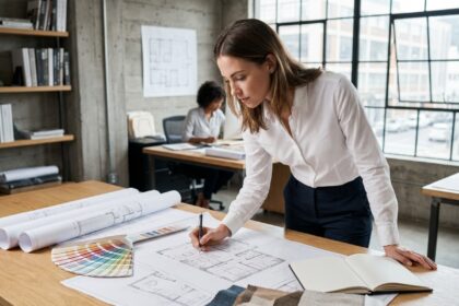 Étudiante en architecture d'intérieur travaillant sur des plans dans un studio de design moderne