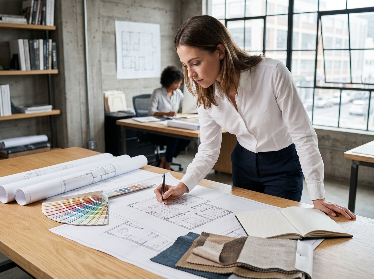 Étudiante en architecture d'intérieur travaillant sur des plans dans un studio de design moderne