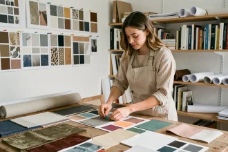 Étudiante en décoration intérieure arrangeant des échantillons de tissus et palettes de couleurs dans un atelier de l'école Decoscope