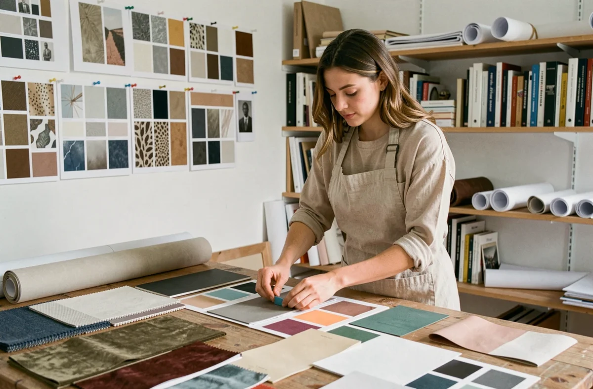 Étudiante en décoration intérieure arrangeant des échantillons de tissus et palettes de couleurs dans un atelier de l'école Decoscope