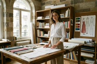 Étudiante en design de mode travaillant sur des croquis et des échantillons de tissu dans un studio de création parisien à l'ESAA Duperré