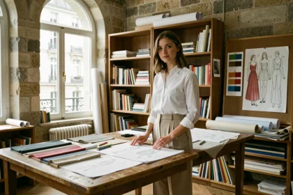 Étudiante en design de mode travaillant sur des croquis et des échantillons de tissu dans un studio de création parisien à l'ESAA Duperré
