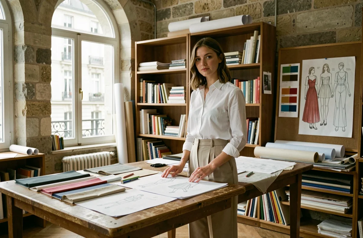 Étudiante en design de mode travaillant sur des croquis et des échantillons de tissu dans un studio de création parisien à l'ESAA Duperré