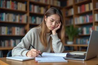 Étudiante consultant son emploi du temps universitaire imprimé avec un stylo à la main dans une bibliothèque moderne