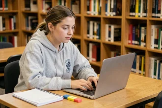 Étudiante consultant l'ENT de l'université sur son ordinateur portable dans une bibliothèque universitaire