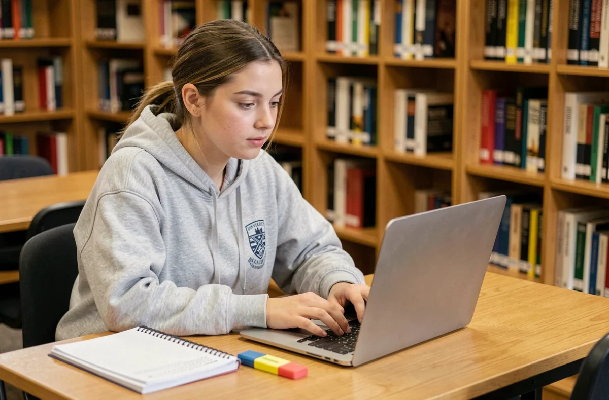 Étudiante consultant l'ENT de l'université sur son ordinateur portable dans une bibliothèque universitaire