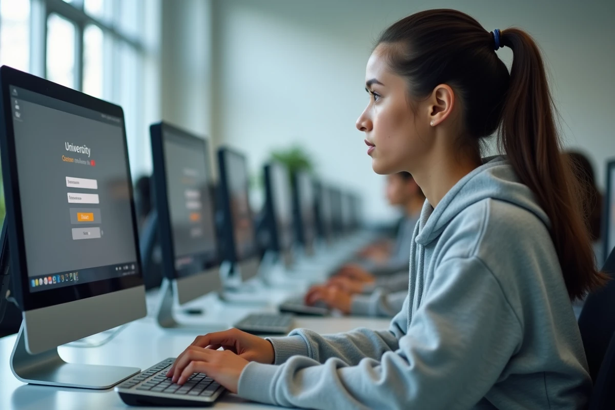 Étudiante saisissant ses identifiants de connexion sur un portail eCampus dans une salle informatique universitaire
