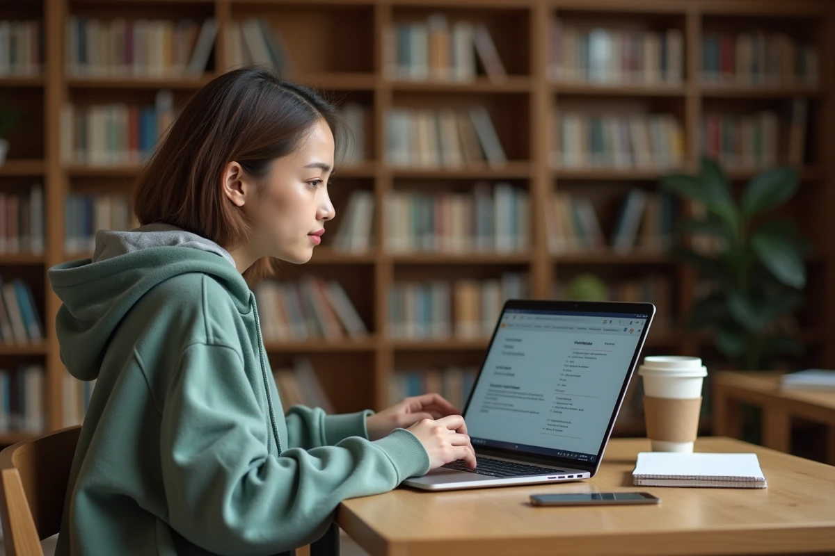 Étudiante utilisant l'intranet universitaire LEO UGA sur son ordinateur portable en bibliothèque