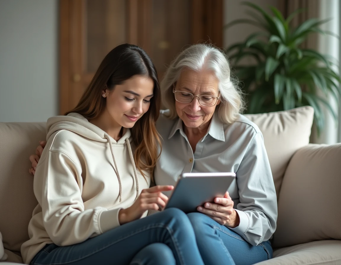 Étudiante et sa mère consultant ensemble l'ENT Université Clermont Auvergne sur une tablette dans le salon familial