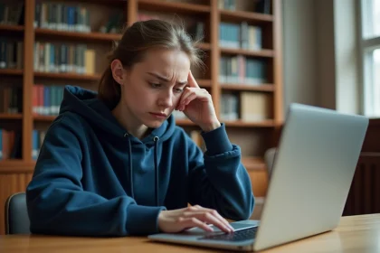 Étudiante frustrée devant son ordinateur portable dans une bibliothèque universitaire, tentant de résoudre un problème technique sur la plateforme e-candidat Sorbonne Nouvelle