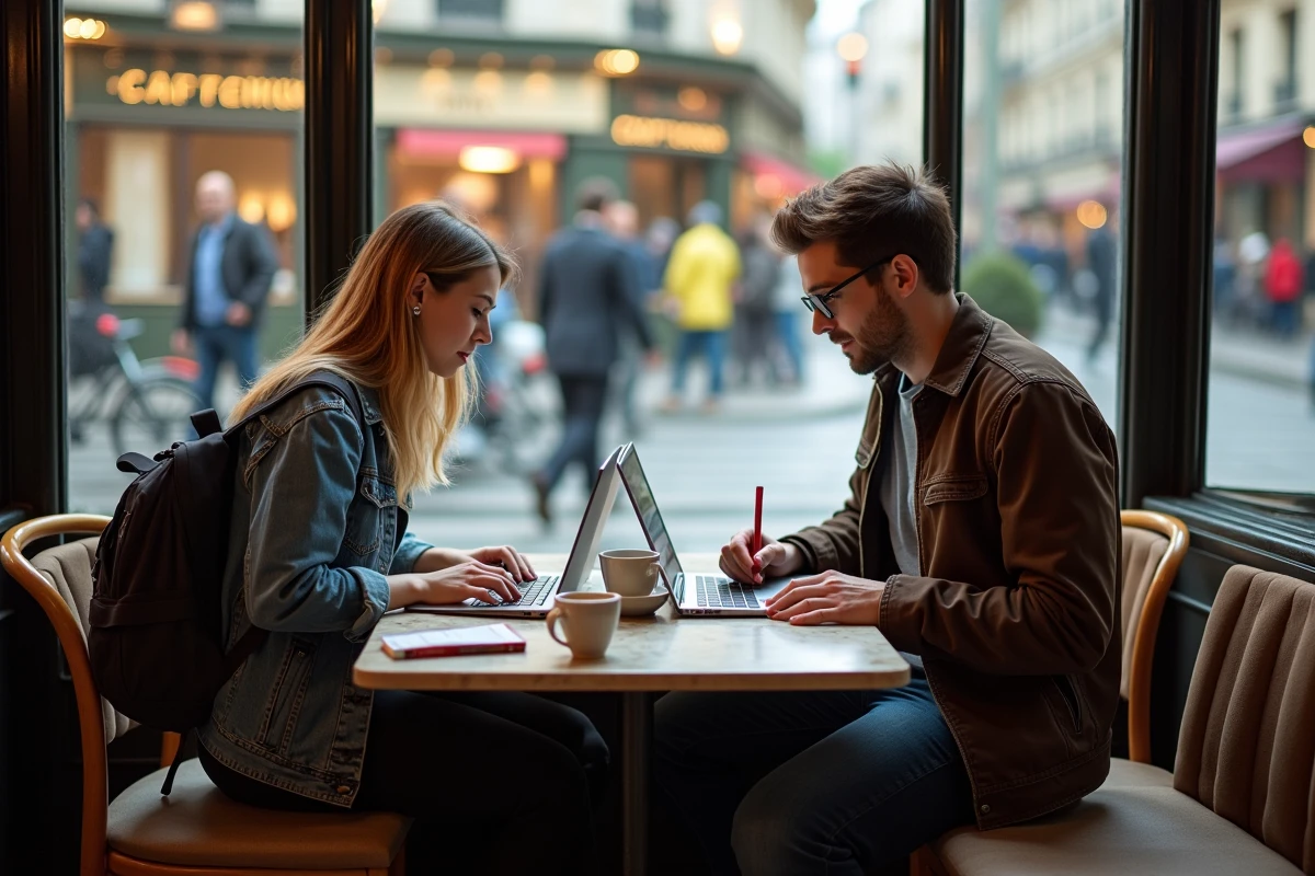 Deux étudiants en alternance marketing digital révisant leurs cours dans un café parisien avec ordinateurs portables et supports pédagogiques