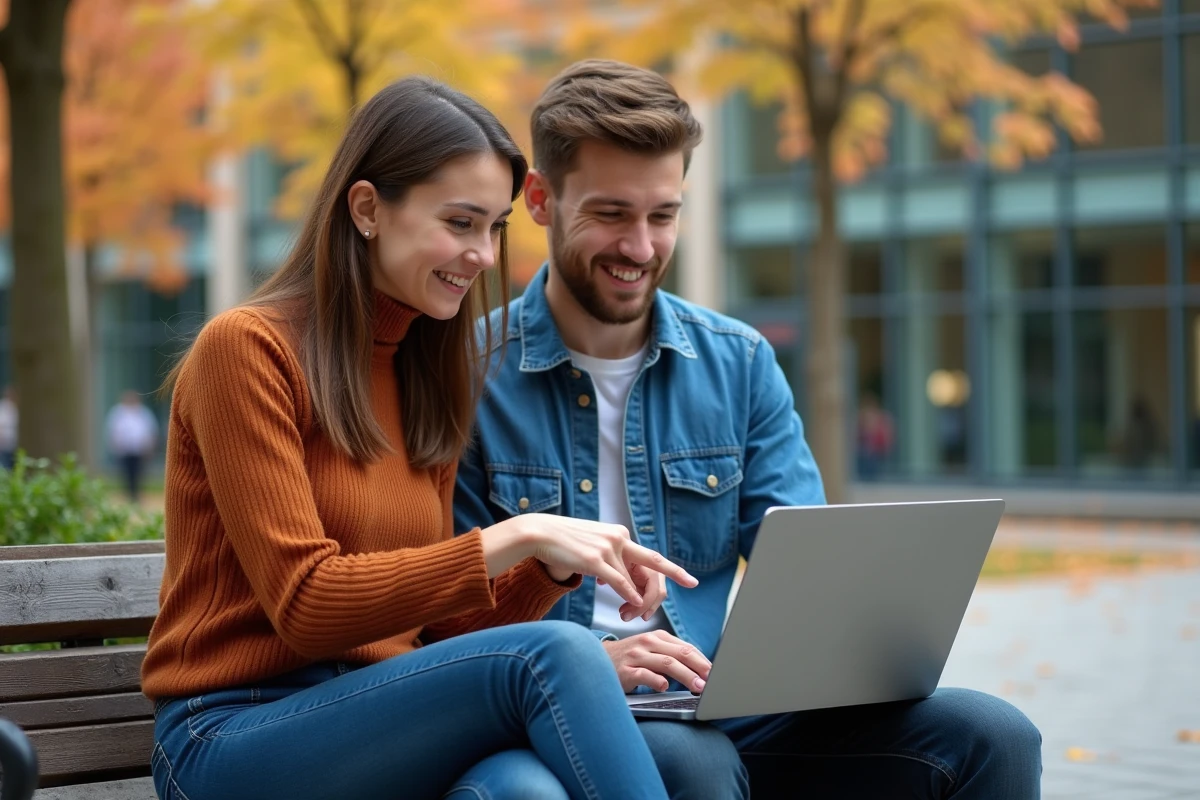 Deux étudiants en alternance échangeant sur le suivi de leur formation via une plateforme numérique en campus universitaire