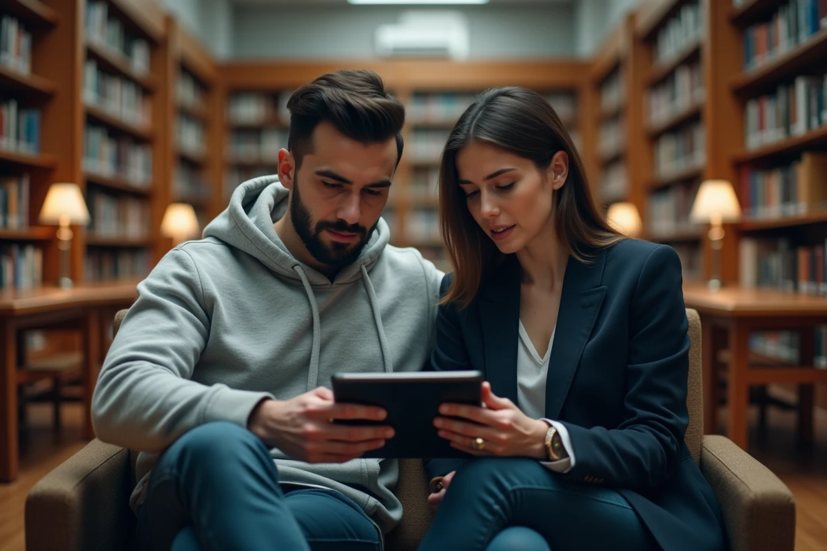 Deux étudiants analysant ensemble la fiabilité d'un test de QI gratuit dans une bibliothèque universitaire
