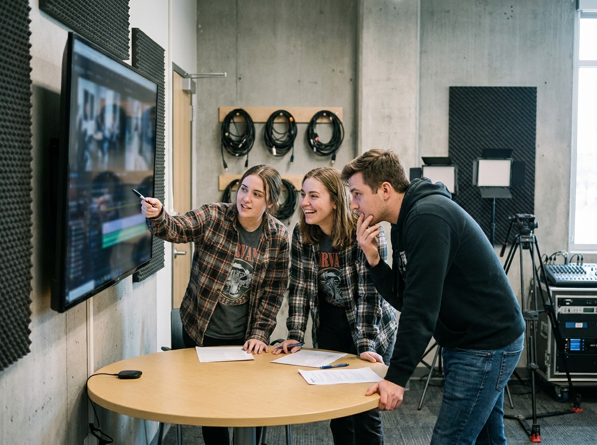 Groupe d'étudiants en audiovisuel collaborant autour d'un écran dans une salle de cours équipée d'une école de cinéma