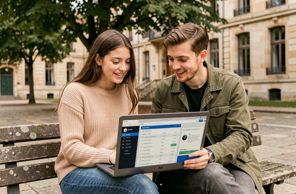 Deux étudiants consultant ensemble les examens et l'emploi du temps sur l'ENT en plein air sur le campus