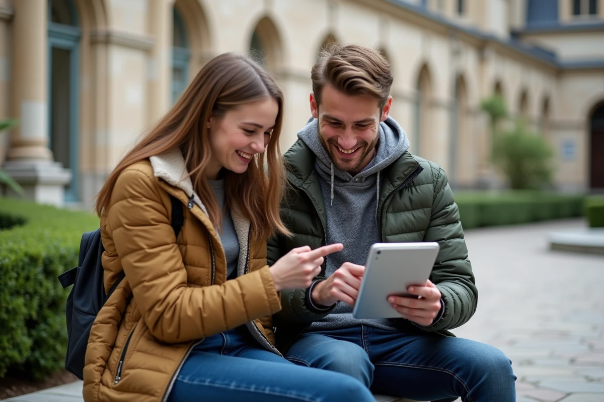 Deux étudiants consultant ensemble l'intranet LEO UGA sur smartphone et tablette dans la cour de leur université