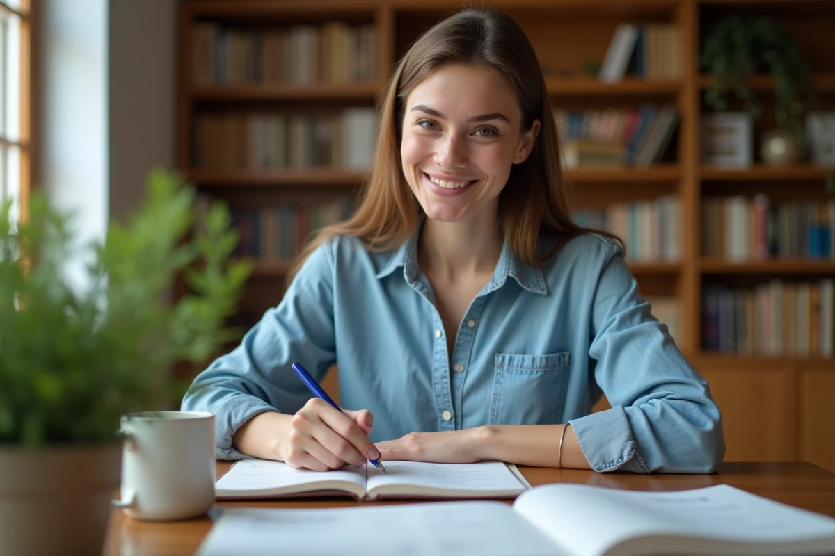Jeune femme étudiant la conjugaison du verbe SER en espagnol avec des livres de grammaire et des notes manuscrites sur un bureau en bois
