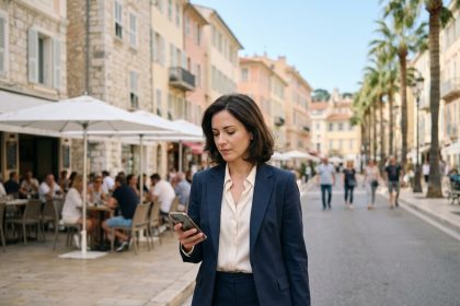 Femme d'affaires en costume à Monaco vérifiant son smartphone