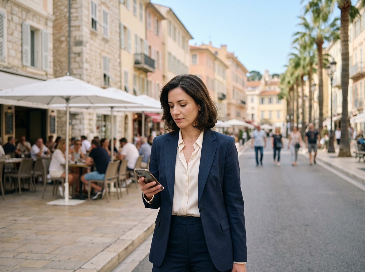 Femme d'affaires en costume à Monaco vérifiant son smartphone
