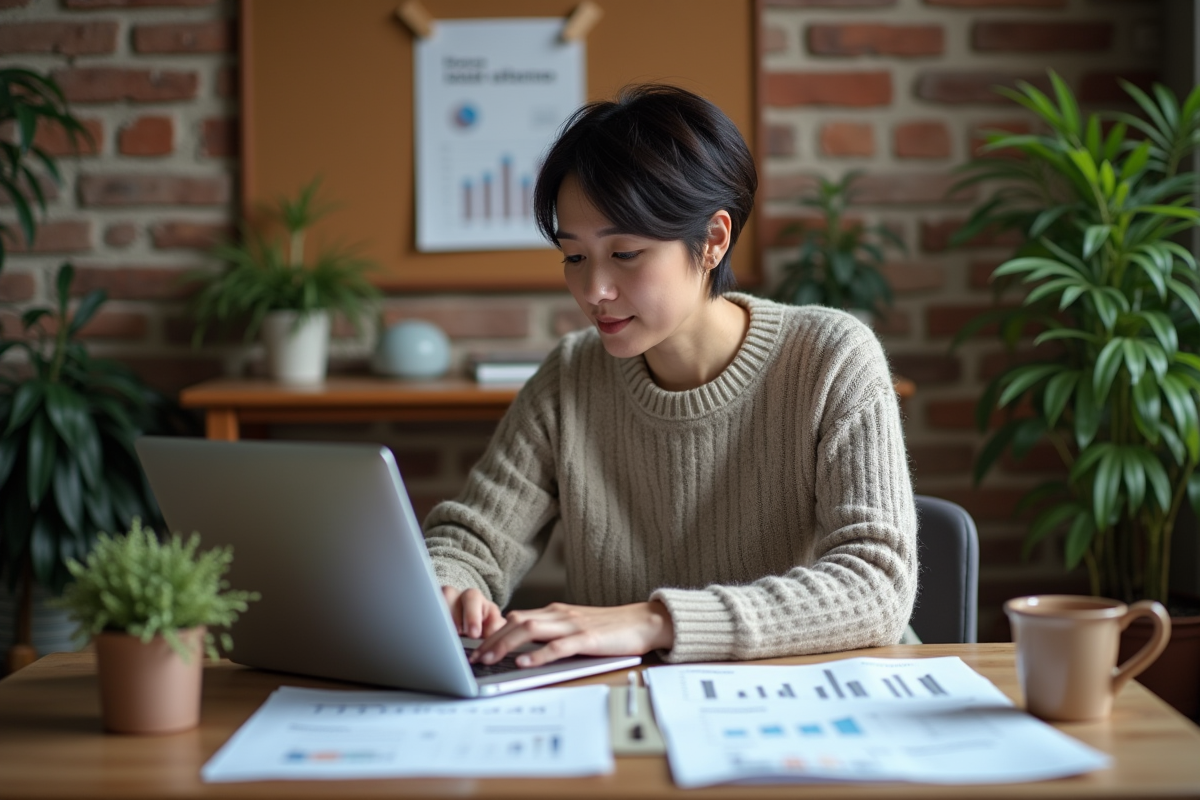 Femme analyse graphiques statistiques sur son ordinateur