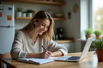 Jeune femme souriante écoutant en ligne dans sa cuisine