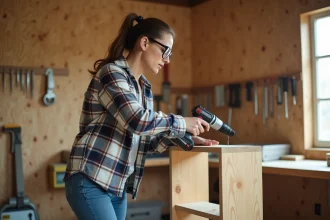 Femme en atelier assemble un meuble en bois avec perceuse