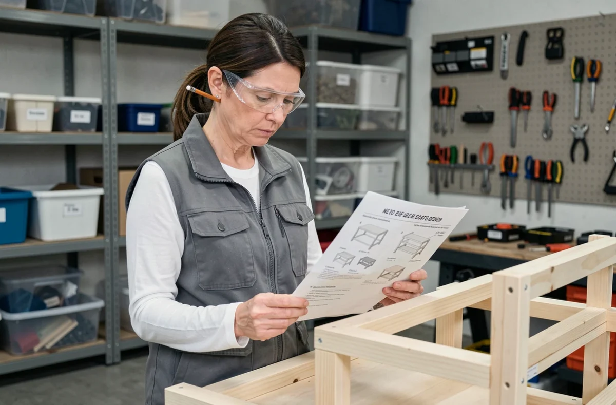 Femme lisant attentivement une notice de montage dans un garage pour réussir son projet de bricolage sans erreur