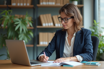 Femme en blazer prenant des notes dans un bureau lumineux