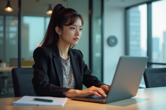 Jeune femme au bureau travaillant sur son ordinateur