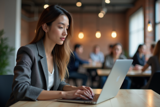 Jeune femme professionnelle travaillant sur un ordinateur dans un espace coworking