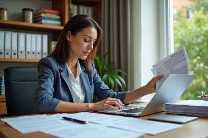 Femme organis&eacute;e dans un bureau moderne triant des papiers