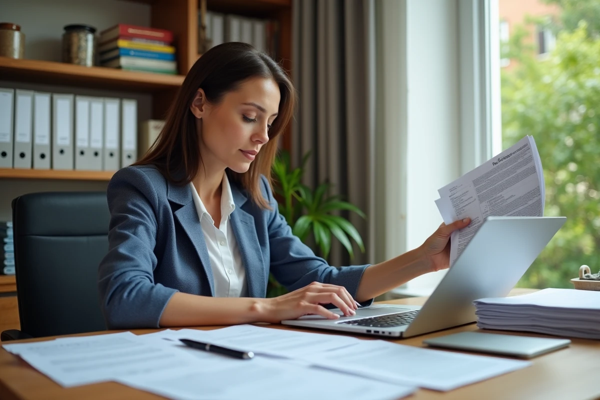 Femme organisée dans un bureau moderne triant des papiers