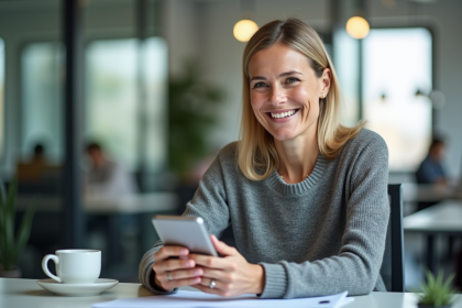 Femme d affaires souriante utilisant son smartphone dans un bureau