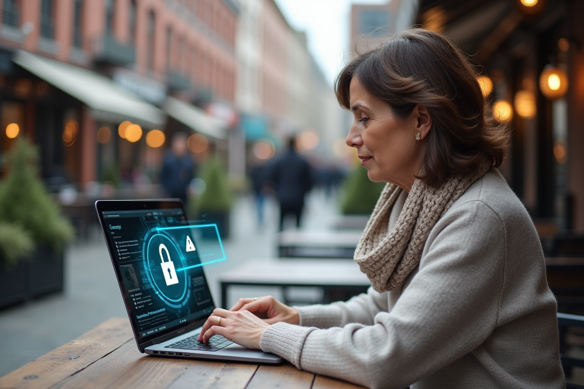 Femme utilisant son ordinateur en terrasse de café urbaine