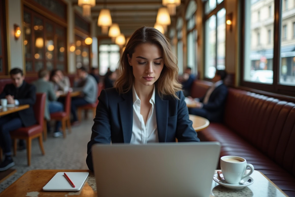 Jeune femme au café parisien vérifiant son ordinateur portable