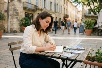Femme en terrasse de café à Provence en tenue smartcasual