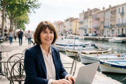 Femme souriante travaillant sur son ordinateur au caf&eacute; &agrave; S&egrave;te