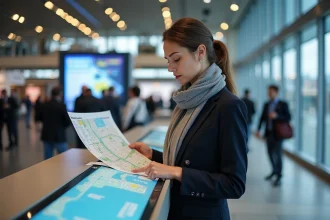 Femme professionnelle examine plan du Grenoble Arena