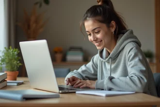 Jeune femme suivant un cours en ligne sur une plateforme MOOC depuis son bureau à domicile en 2026