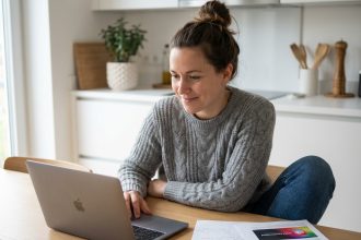 Femme concentrée sur son ordinateur dans une cuisine moderne