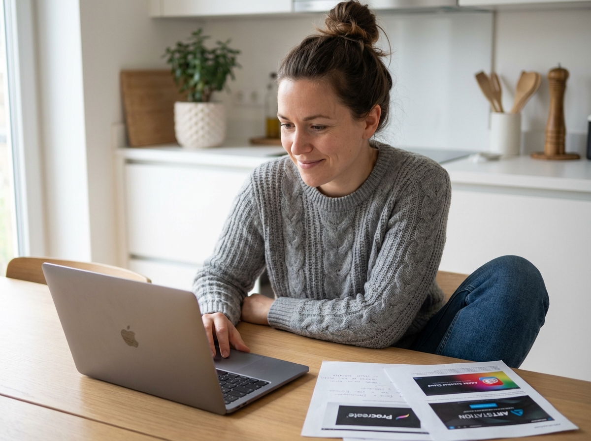 Femme concentrée sur son ordinateur dans une cuisine moderne