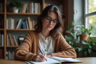 Femme concentrée écrivant dans un bureau studieux