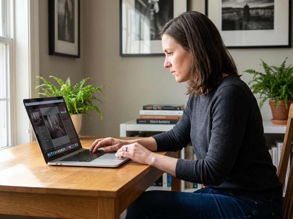 Femme en train d'éditer des photos sur un ordinateur dans un bureau lumineux