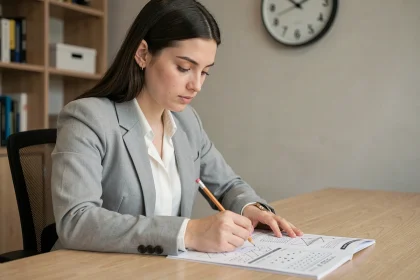 Jeune femme concentrée travaillant sur un test psychotechnique chronométré dans un bureau moderne