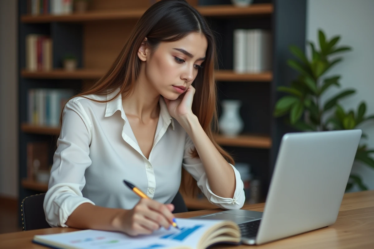 Jeune femme en étude comparant des graphiques sur son ordinateur portable