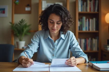 Femme étudiant des fiches de révision thématiques pour la naturalisation française à son bureau à domicile