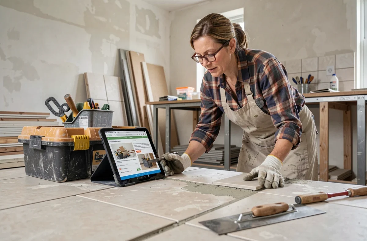 Femme en train de suivre une formation bricolage en ligne sur tablette pendant un chantier de carrelage