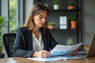Femme professionnelle examine des brochures de formation dans un bureau moderne