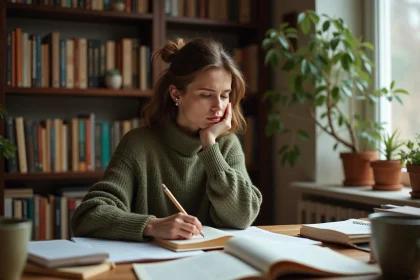 Femme étudiant la grammaire française avec des livres ouverts et des notes manuscrites sur un bureau en bois, illustrant la difficulté du subjonctif et de l'indicatif
